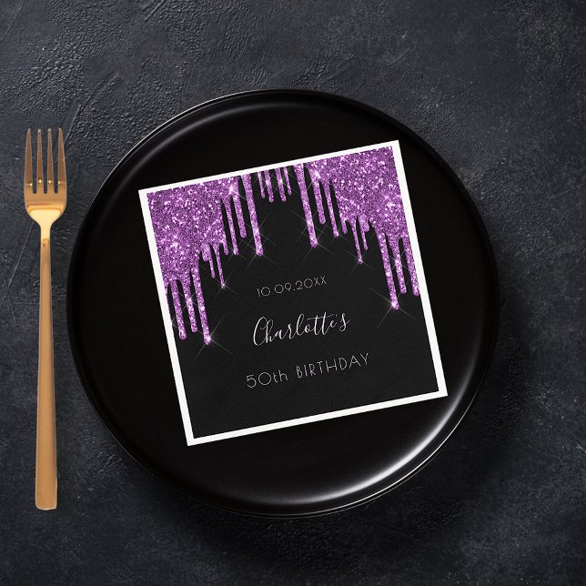 Birthday black purple glitter drips name napkin (Creator Uploaded)