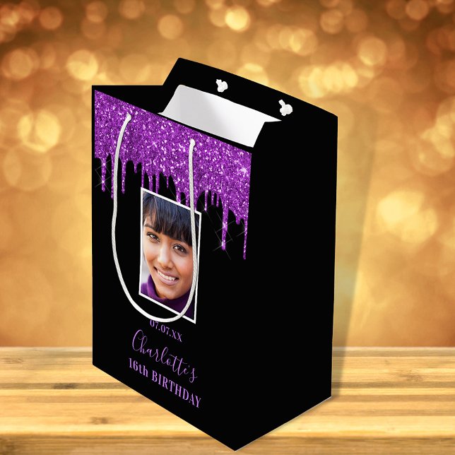 Birthday black purple glitter drips photo medium gift bag (Creator Uploaded)