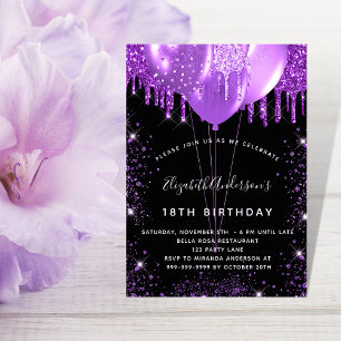 Birthday black purple glitter dust balloons invitation