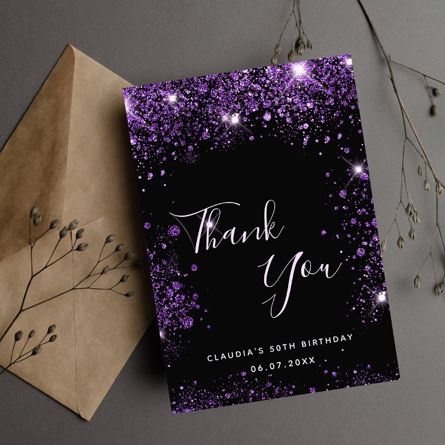 Birthday black purple glitter dust elegant thank you card (Creator Uploaded)