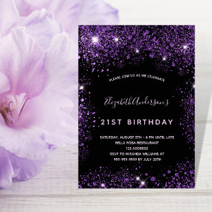 Birthday black purple glitter dust glamourous invitation
