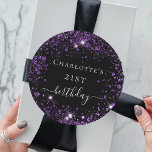 Birthday black purple glitter dust monogram name classic round sticker<br><div class="desc">For an elegant 21st (or any age) birthday. A classic black background. Decorated with purple faux glitter dust. Personalise and add a name and age 21.</div>