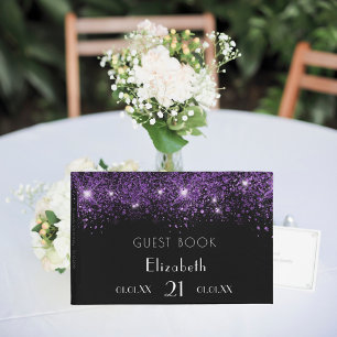 Birthday black purple glitter dust monogram name guest book