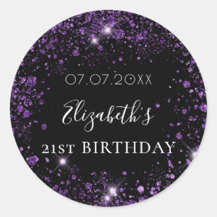 Birthday black purple glitter dust name date classic round sticker