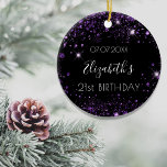 Birthday black purple glitter dust name elegant ceramic tree decoration<br><div class="desc">An ornament for a girly and glamourous 21st (or any age) birthday. A chic black background with purple faux glitter dust. Personalise and add a date, name and age 21. The name is written with a modern hand lettered style script. Perfect as party decoration, favour, keepsake or as a gift....</div>