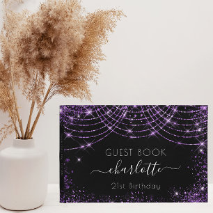 Birthday black purple glitter dust name guest book