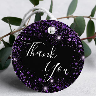 Birthday black purple glitter dust thank you favour tags