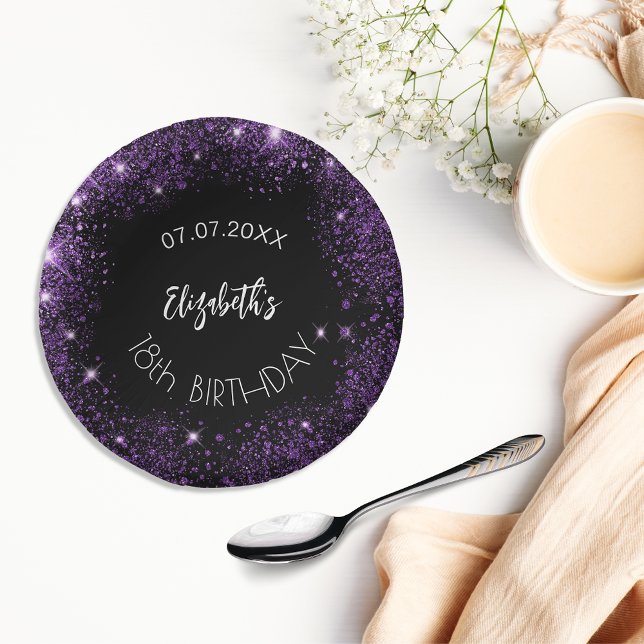 Birthday black purple glitter girl name paper plate (Creator Uploaded)