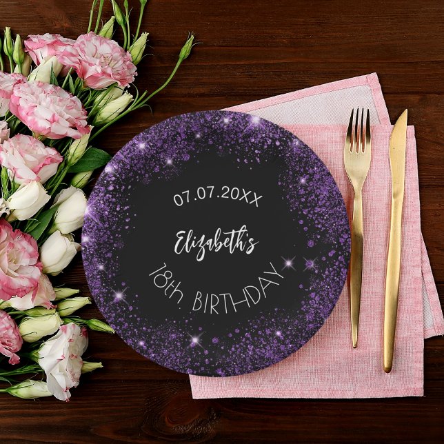 Birthday black purple glitter girl name paper plate (Creator Uploaded)