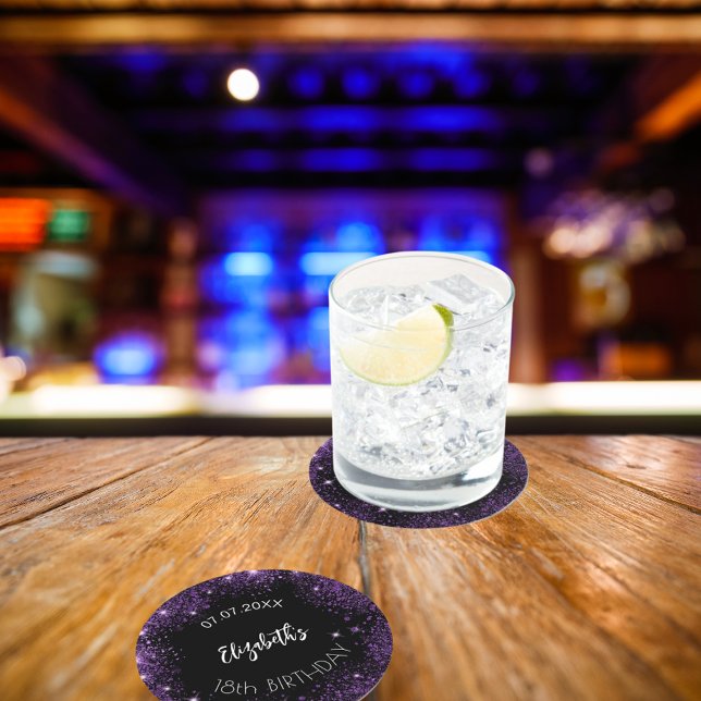 Birthday black purple glitter girl name round paper coaster (Creator Uploaded)