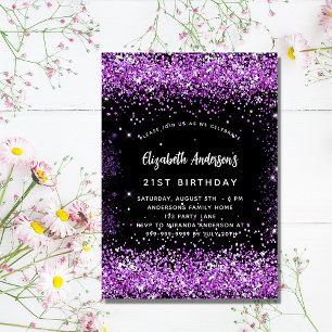 Birthday black purple glitter glamorous invitation postcard