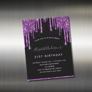 Birthday black purple glitter invitation magnet