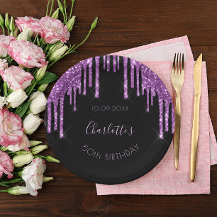 Birthday black purple glitter monogram luxurious paper plate