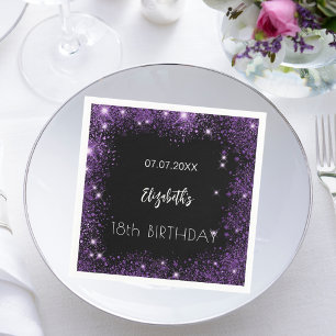 Birthday black purple glitter name napkin