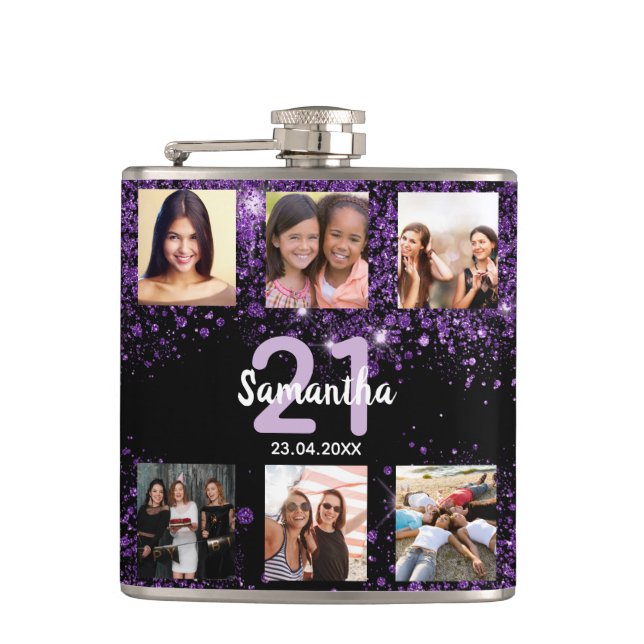 Birthday black purple glitter name photo collage hip flask (Front)