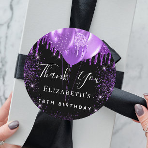 Birthday black purple glitter name thank you classic round sticker
