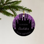 Birthday black purple glitter sparkle monogram ceramic tree decoration<br><div class="desc">A trendy and glamourous 50th (or any age) birthday ornament. A classic black background decorated with dark purple coloured faux glitter drips, paint dripping look. With the text: 50th birthday. Personalise and add a name and a date. Purple coloured text. The name is written with a modern hand lettered style...</div>