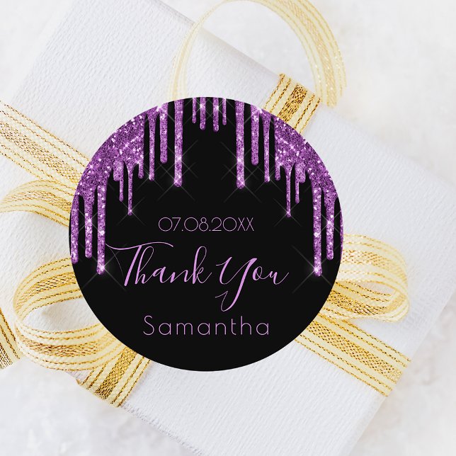 Birthday black purple glitter sparkle thank you classic round sticker (Creator Uploaded)