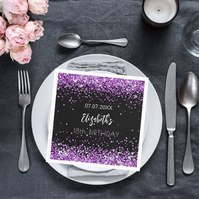 Birthday black purple name napkin (Creator Uploaded)