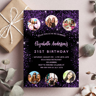 Birthday black purple sparkles photo friends invitation