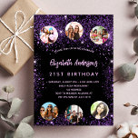 Birthday black purple sparkles photo friends invitation postcard<br><div class="desc">A girly and feminine 21st (or any age) birthday party invitation. On front: A chic black background. Decorated with dark purple faux glitter dust. Personalize and add a name,  party details and 6 photos. The name is written with a hand lettered style script,   light purple colored letters.</div>