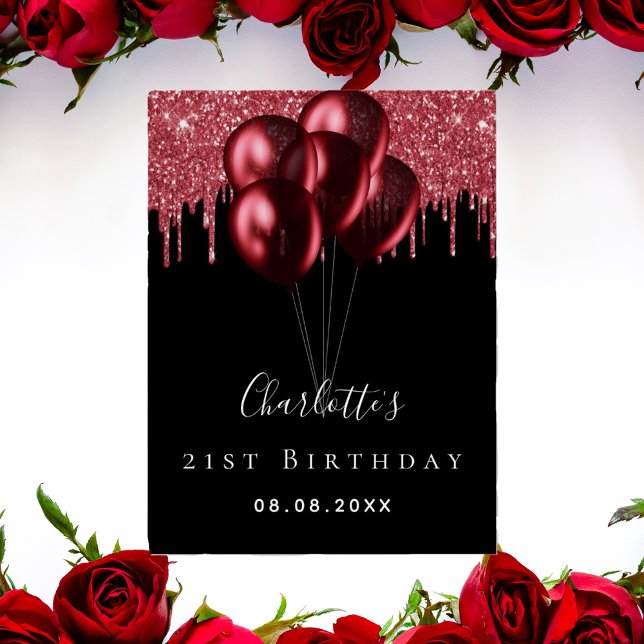 Birthday black red glitter drips balloons name poster (Creator Uploaded)