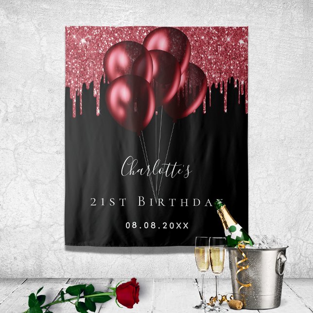 Birthday black red glitter drips balloons name tapestry (Creator Uploaded)