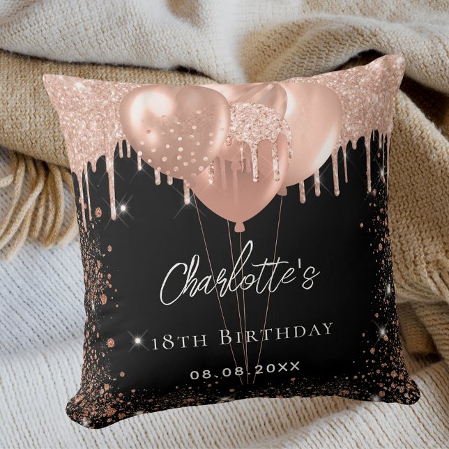 Birthday black rose gold balloons party cushion (Creator Uploaded)