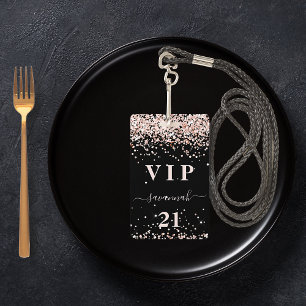 Birthday black rose gold blush glitter dust vip ID badge