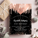 Birthday black rose gold glitter balloons invitation postcard<br><div class="desc">A black background. Decorated with rose gold,  blush faux glitter drips,  paint dripping look and balloons.  Personalise and add a name,  age 21 and party details. The name is written with a hand lettered style script</div>