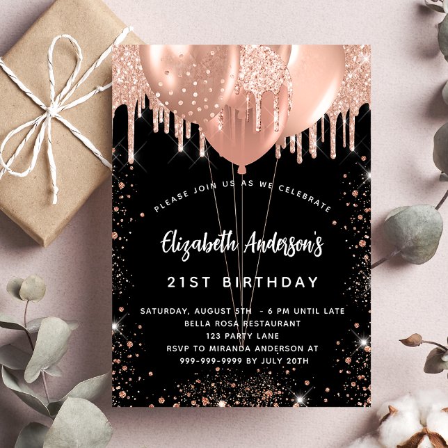 Birthday black rose gold glitter balloons invitation postcard (Creator Uploaded)