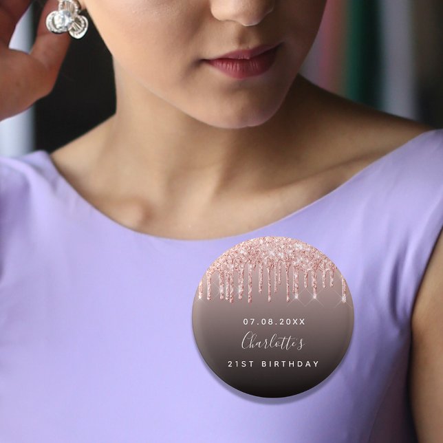 Birthday black rose gold glitter drips monogram  3 cm round badge (Creator Uploaded)