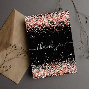 Birthday black rose gold glitter dust thank you card