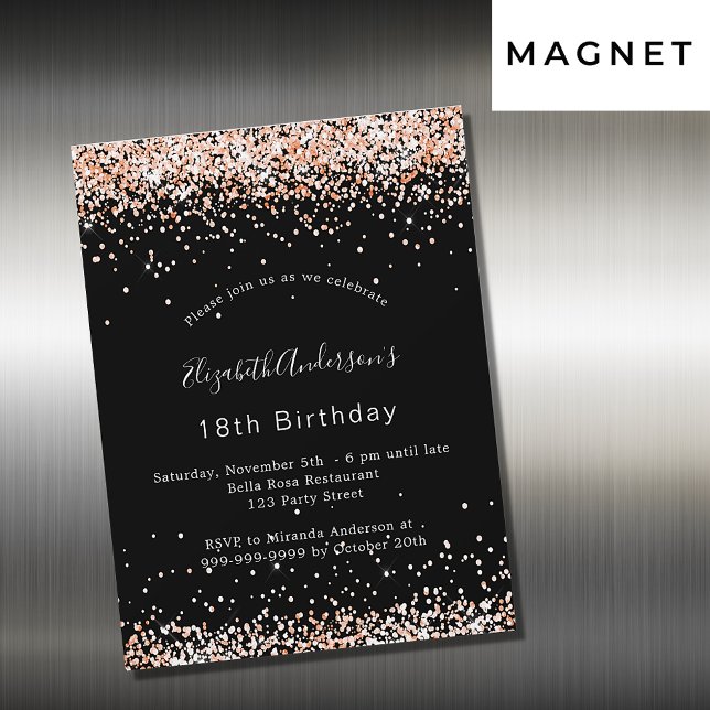 Birthday black rose gold glitter luxury party magnetic invitation (Creator Uploaded)