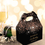 Birthday black rose gold glitter name thank you favour box<br><div class="desc">Elegant, classic, glamourous and girly for a 21st (or any age) birthday party favours. A chic black background. On the front and the back: Personalise and add a name, age 21 and a date. The name is written with a modern hand lettered style script. Decorated with dark rose gold faux...</div>