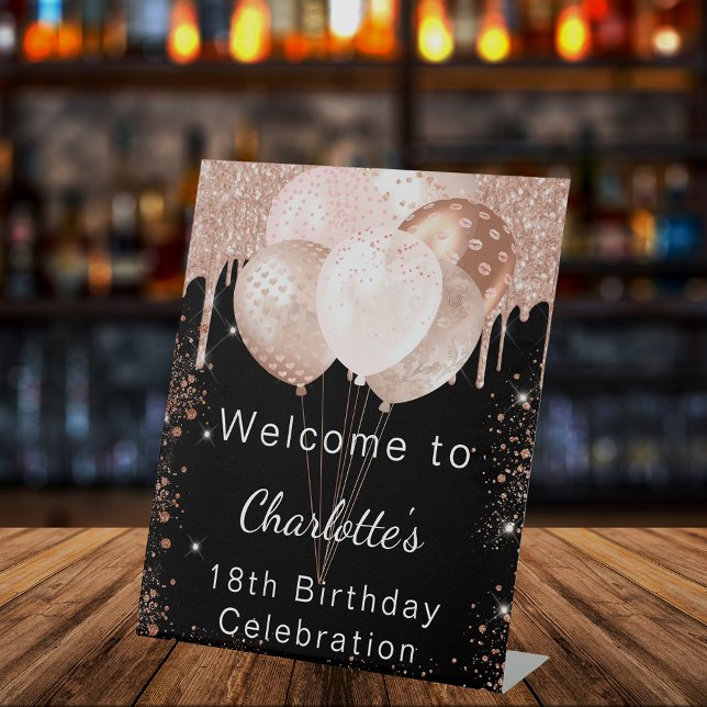 Birthday black rose gold glitter party welcome pedestal sign (Creator Uploaded)