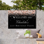 Birthday black rose gold glitter welcome garden sign<br><div class="desc">A welcome board for a girly and glamourous 21st (or any age) birthday party.  A stylish black background decorated with rose gold faux glitter,  sparkles.   Personalise and add a name and age 21.  White letters.</div>