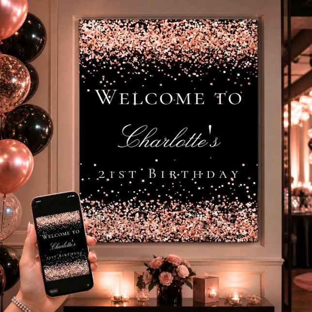 Birthday black rose gold glitter welcome poster (Creator Uploaded)