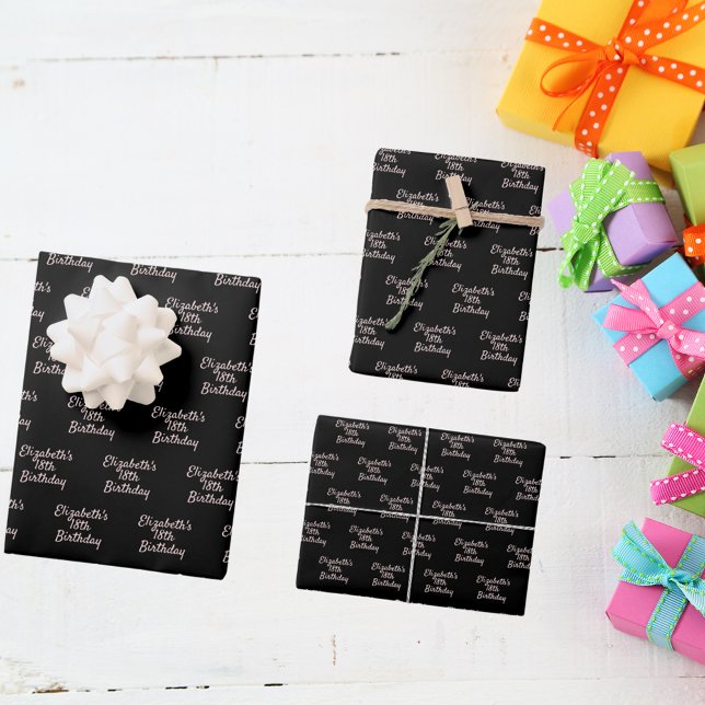 Birthday black rose gold name script minimalist wrapping paper sheet (Creator Uploaded)