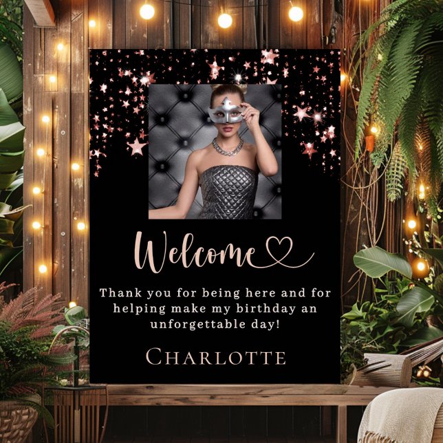 Birthday black rose gold photo stars welcome poster (Creator Uploaded)