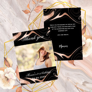 Birthday black rose gold photo thank you card