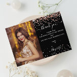 Birthday black rose gold photo thank you postcard<br><div class="desc">A black background,  decorated with rose gold confetti.  Personalise and add your photo,  thank you note and name.  Thank you is written with a large hand lettered style font with swashes.</div>