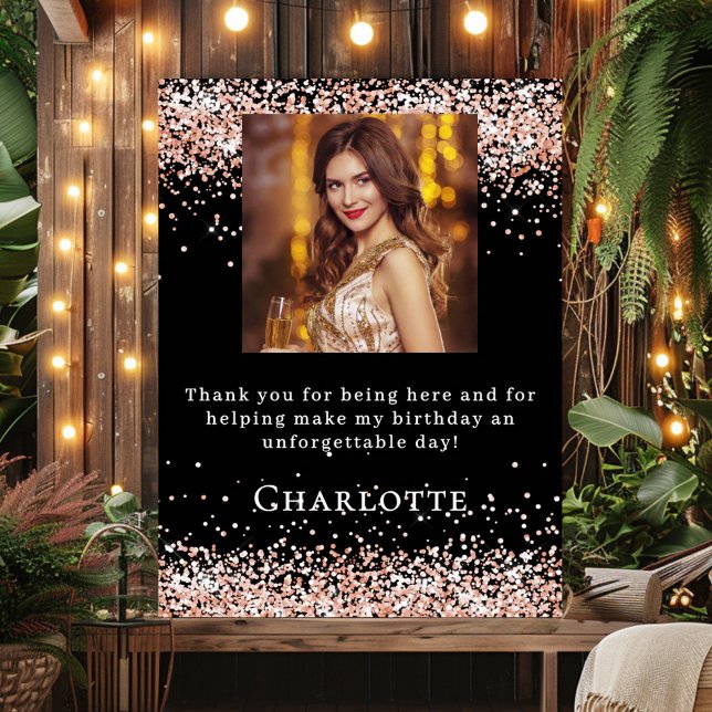 Birthday black rose gold photo welcome poster (Creator Uploaded)