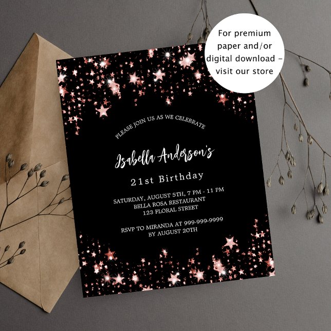 Birthday black rose gold stars budget invitation flyer (Creator Uploaded)