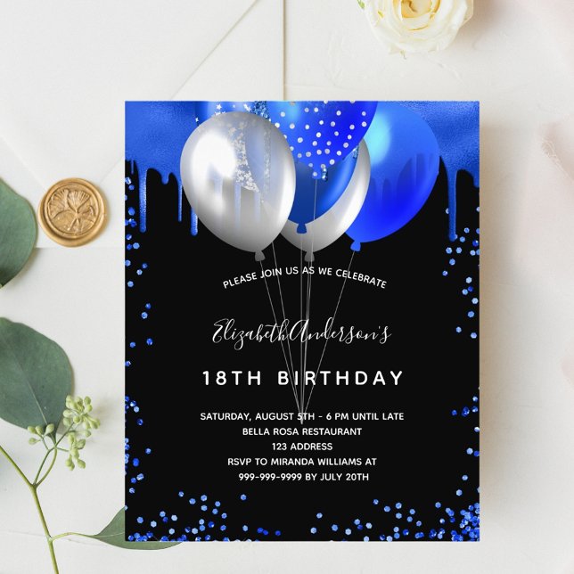 Birthday black royal blue budget invitation flyer (Creator Uploaded)