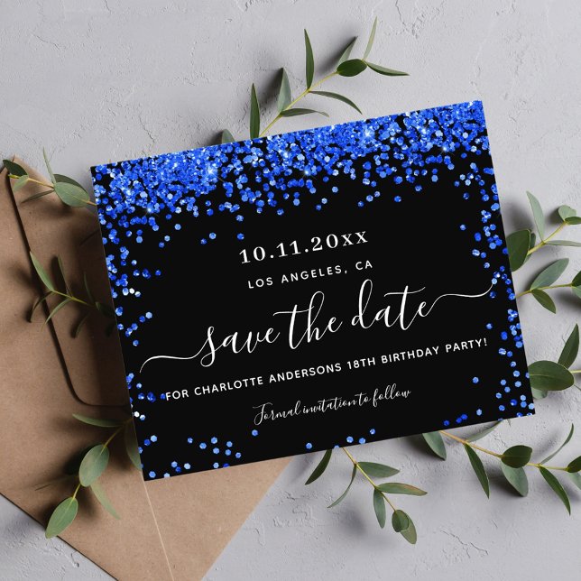 Birthday black royal blue budget save the date flyer (Creator Uploaded)