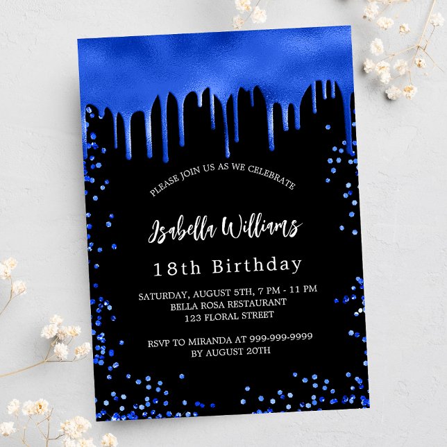 Birthday black royal blue drips invitation (Creator Uploaded)