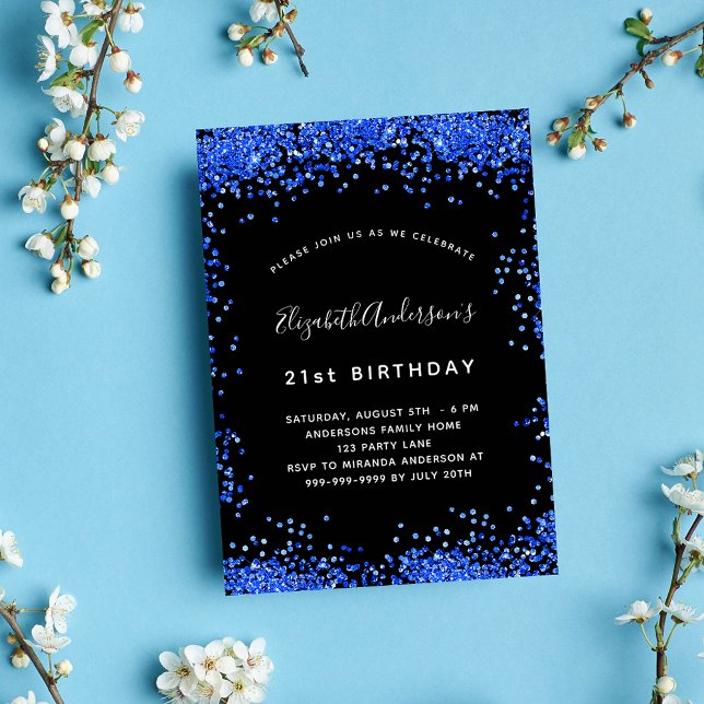 Birthday black royal blue sparkles party invitation (Creator Uploaded)