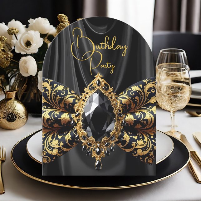 Birthday Black Silk Faux Gold Jewel Paisley Invitation (Creator Uploaded)