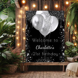 Birthday black silver balloons welcome sign